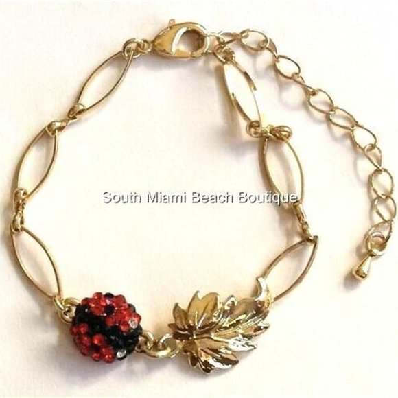 Ladybug Charm Bracelet Red Crystals Gold Plated Insect Lady Bug Leaves 6-8" - Picture 1 of 8